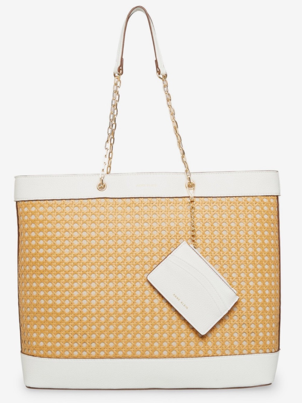 Anne Klein Tan Woven Tote with White Trim and Gold Chains